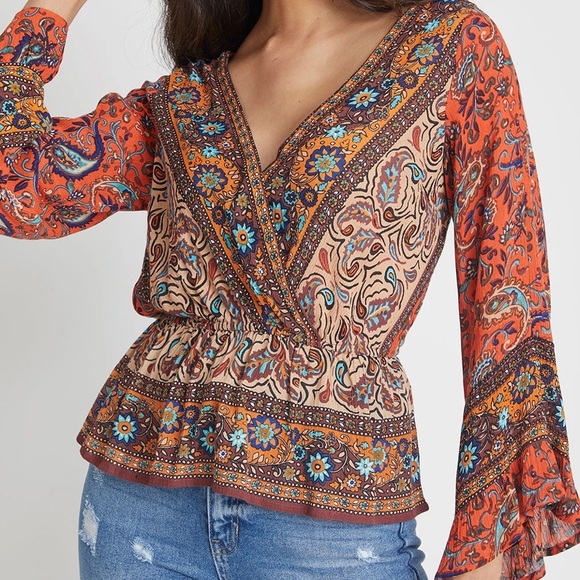 FREE PEOPLE ROSALIE WRAP BOHO TOP RUFFLED SLEEVES - Picture 4 of 9